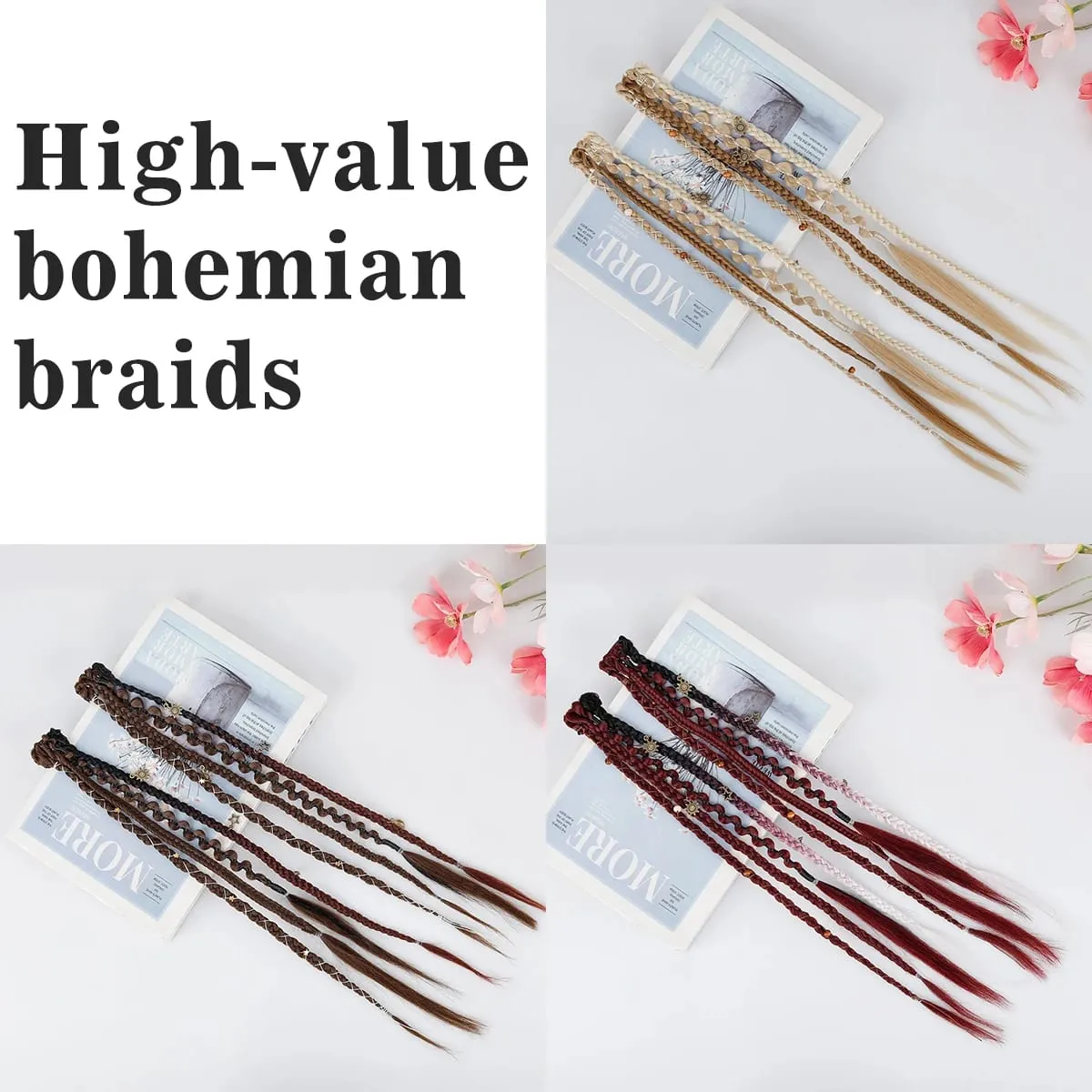 Boho Ombre Burgundy Braided Ponytail Hair Extensions Synthetic Braids With Bohemian Viking Hair Pieces For Women Carnival Party