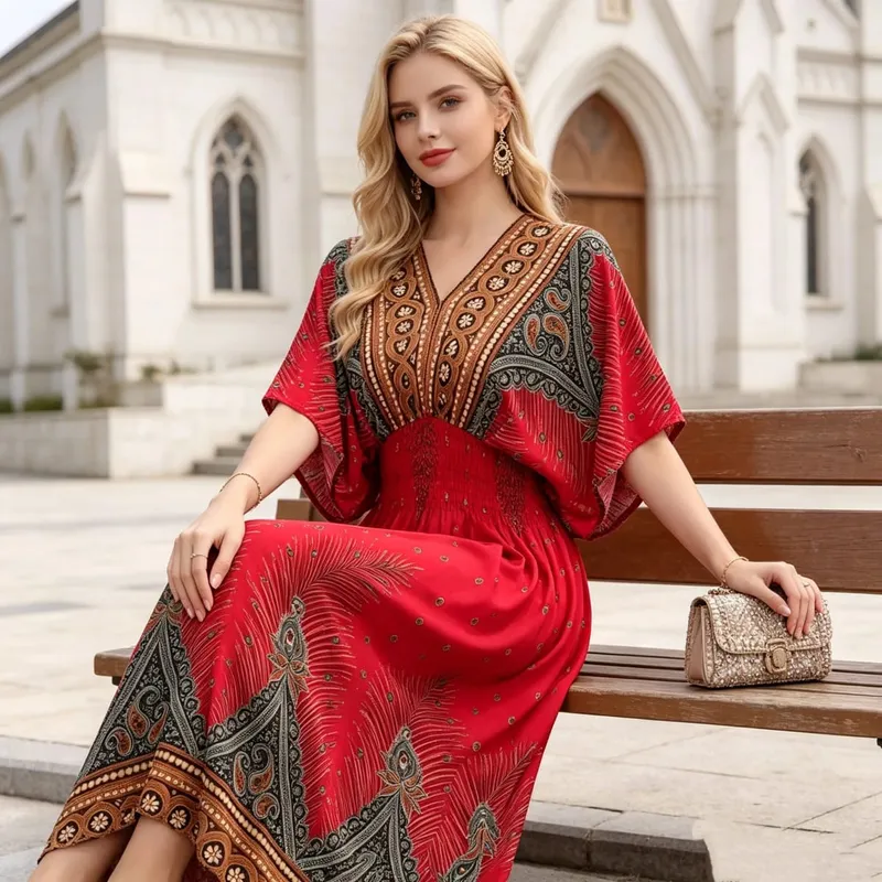 Boho Holiday Women V-Neck Batswing Short Sleeve A-Line Midi Dresses Slim Elastic Waist Casual Vintage Office Lady Elegance Dress — image 33