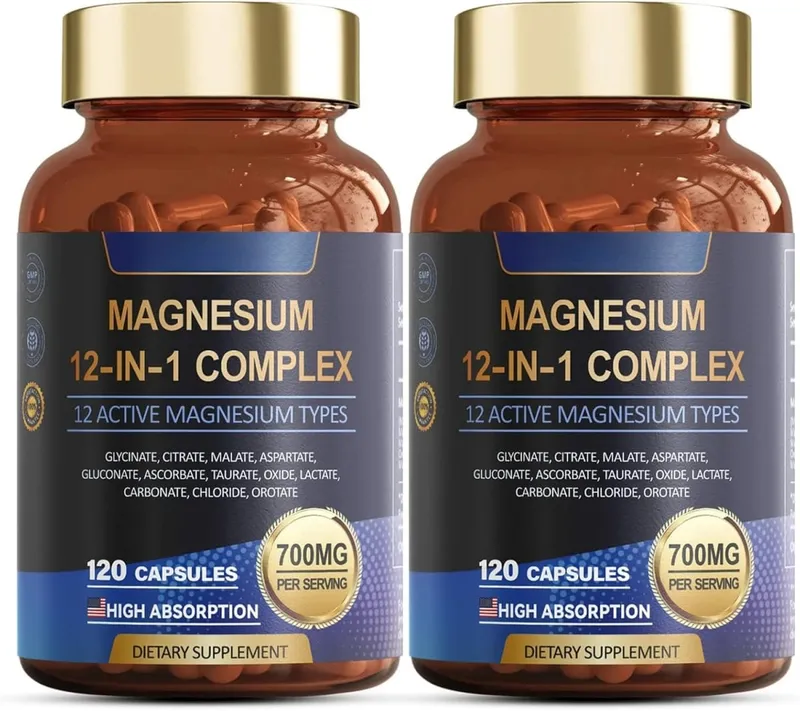 Non-GMO Magnesium Complex 700mg with 12 Active Forms High Absorption 120 Capsules Gluten Free Vegan Supplement for Optimal Healt
