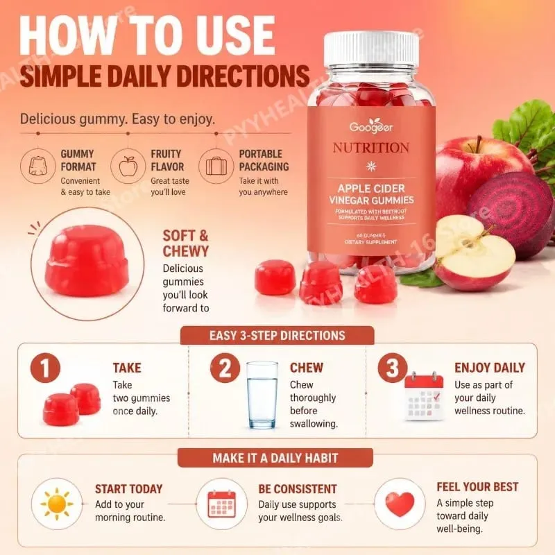 Googeer Apple Cider Vinegar Gummies Fruity with Beetroot Extract and Vitamin B12 Supports Daily Health Management 60 Gummies — image 6