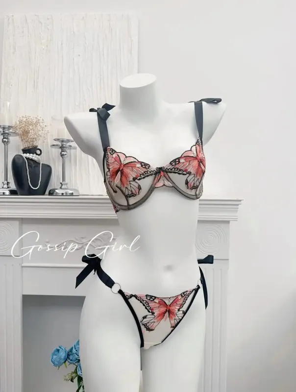 Reggente Pizzo Francese Farfalla Rete Trasparente Spalline Elastiche Senza Spugna Set Intimo S-XL Nuovo Morbido — image 11