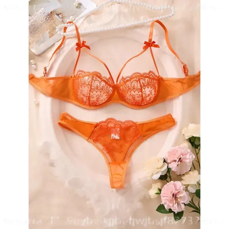 Sexy Orange Lace Lingerie Set Women Push Up Bra and Panty Butterfly Bow Underwear Female Intimates Sleepwear ZA824057 — image 3