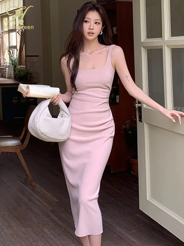 H Han Queen Summer New Office Women Sheath Pencil Dress Sexy Sleeveless Straps Simple Slim Party Holiday Prom Casual Dresses — image 5