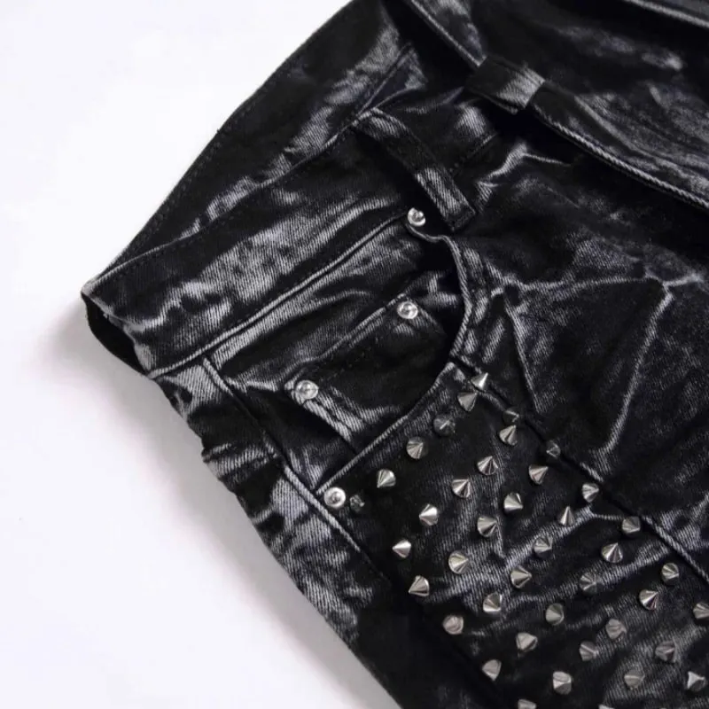 2025 Empat Musim Baru Retro Punk High Street Bergaya Hitam Dicuci Lapuk Pelangsingan Badan dan Willow Nail Lapuk Seluar Jeans Lelaki