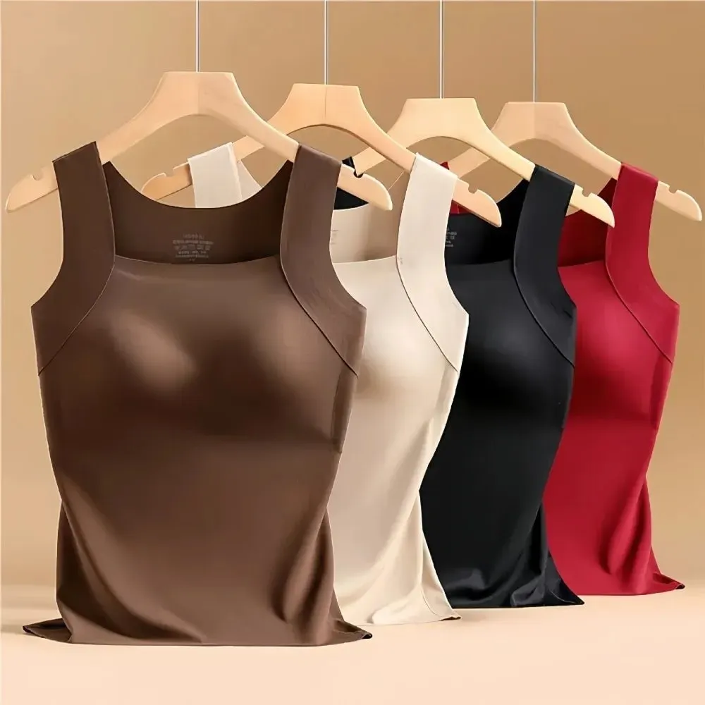 Built-in Bra Seamless Camisole Fixed Cup Solid Color Thermal Vest Stretchy U Neck Bottoming Underwear Multi-layer Wear — image 7