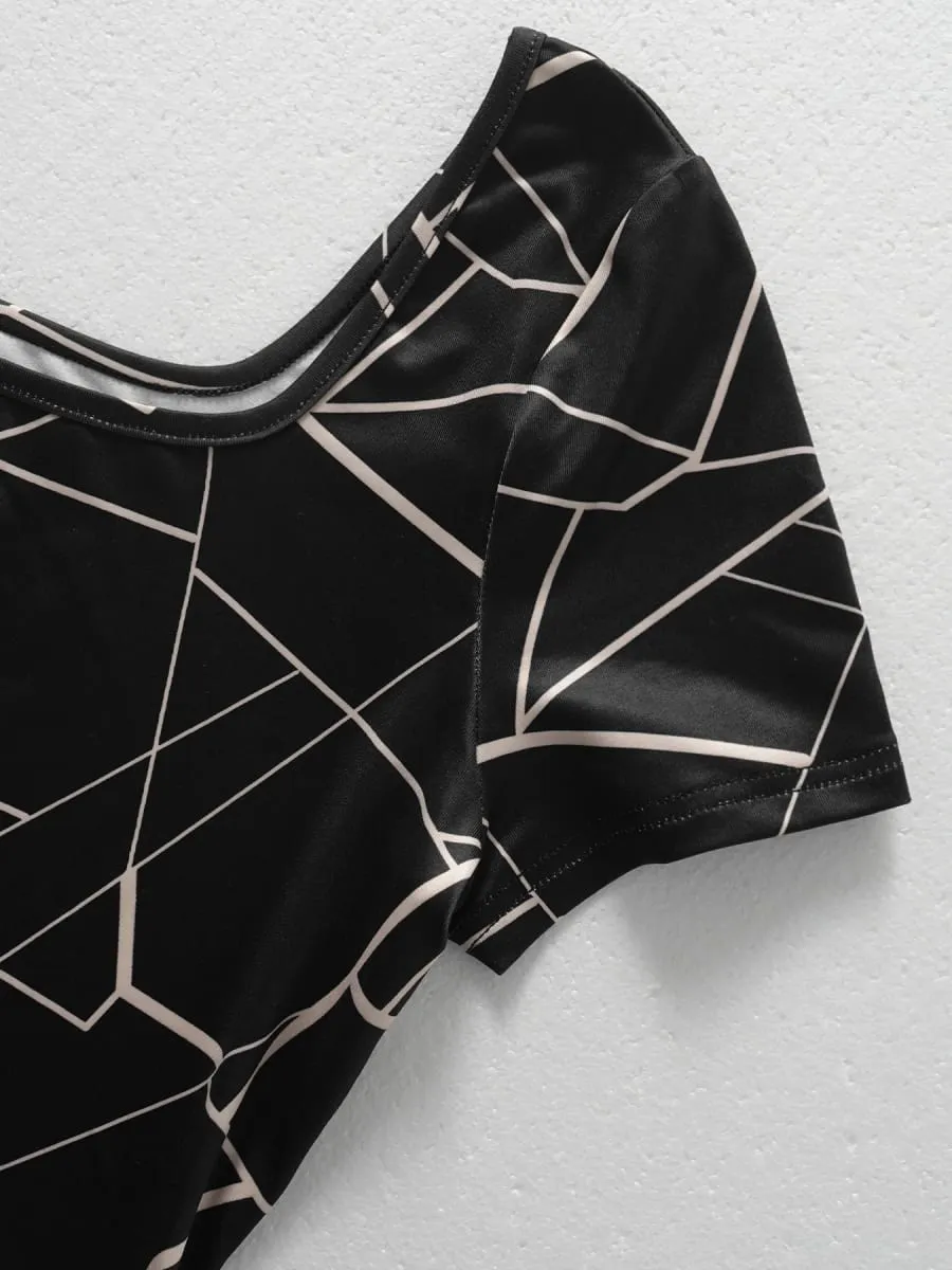 Women Dress Square Neck Short Sleeve Geometric Print Bodycon Mini Dress Sleek Spring Summer Chic Party Club Night Out Flattering