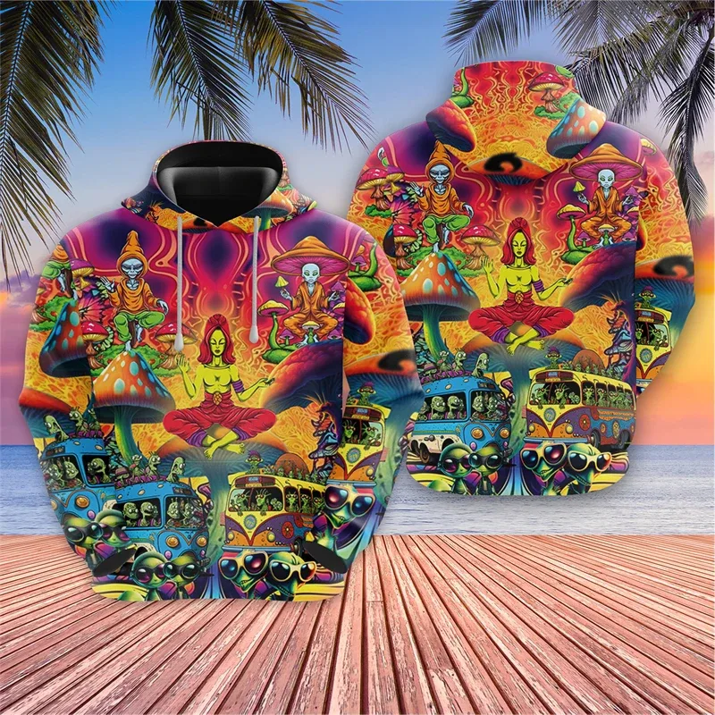 Harajuku Fashion Alien Graphic Sweatshirts Trippy Mushroom Y2k Hoodies For Men Clothes Cartoon Boy Pullovers Hip Hop UFO Hoody — image 3