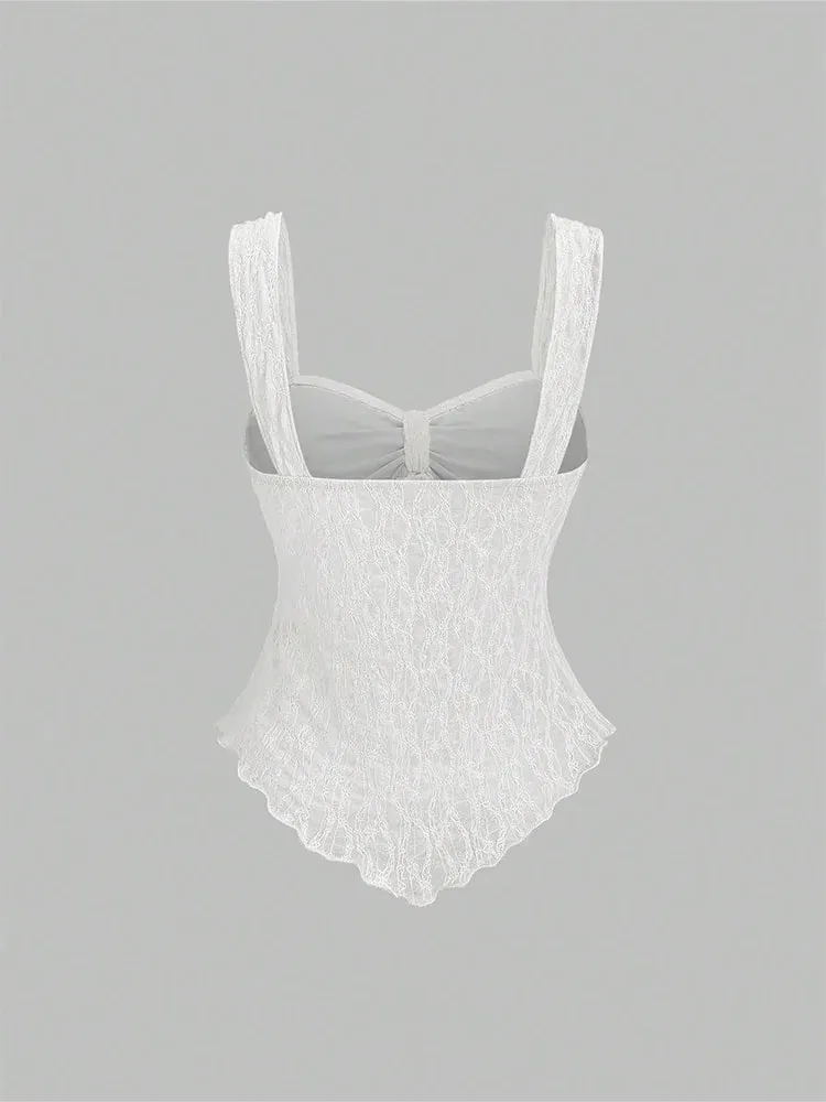 2026 Summer Women Y2K Coquette Floral Lace Knotted Bow Slim Fit Irregular Ruffled Hem Sweetheart Neck Wide Strap Cami Tank Top
