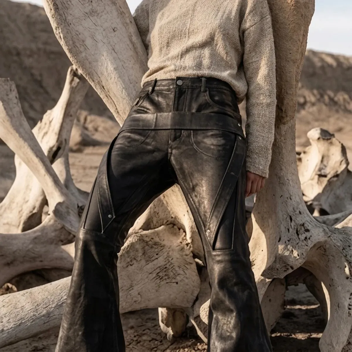 High Street Brush Wax Coated Belt Loops Flared Jeans for Men Straight Washed Vintage Baggy Denim Trousers Oversized Boot Cut