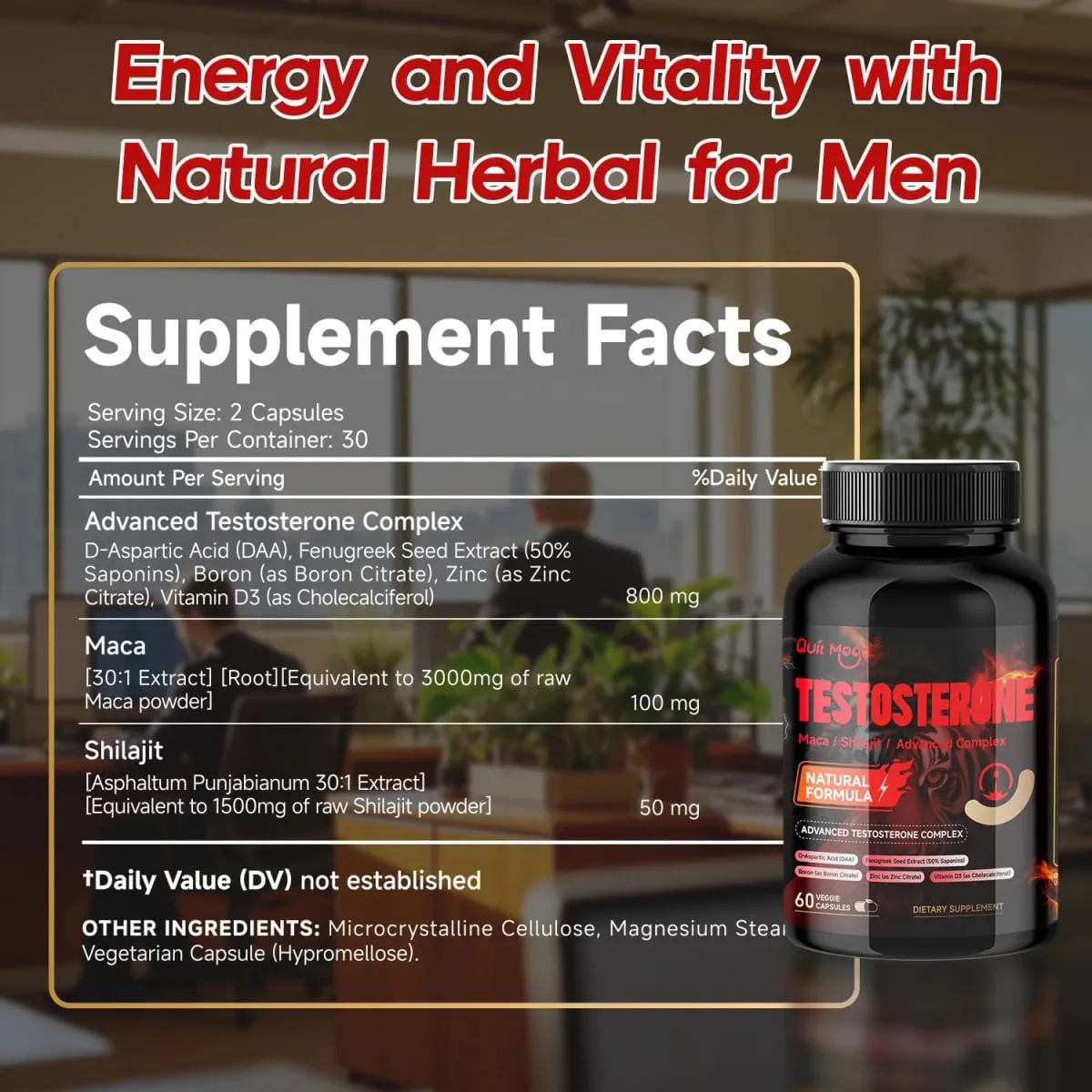 Quit Mood Men's Testosterone Capsules | Maca 100 มก. & ชิลาจิต 50 มก. และอื่นๆ | ปรับสมดุลฮอร์โมนและเพิ่มความแข็งแกร่ง – 60 แคปซูล