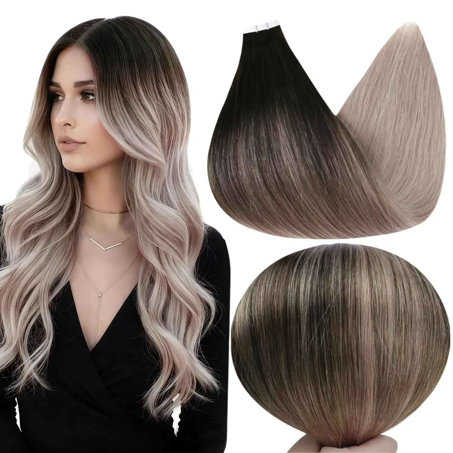 Full Shine Tape in Hair Extensions Balayage Tape ins Human Hair Extensions 20Pcs 50G Ombre Seamless Remy Skin Weft Hair — image 1