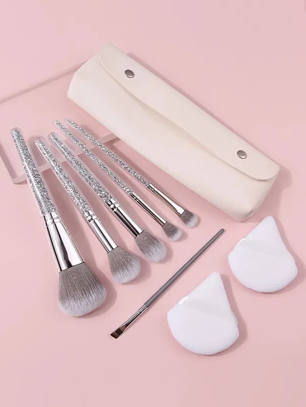 9Pcs Glitter Handle Makeup Brushes Set with Triangle Powder Puff Portable Storage Bag Foundation Blush Eyeshadow Blending Tools