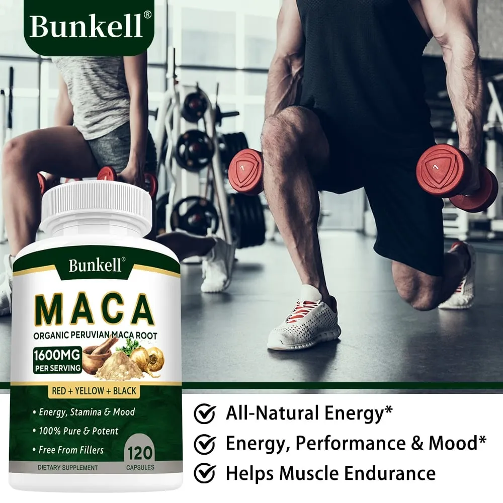 Organic Maca Root Capsules 1600mg - Black Red Yellow Maca Vitality Performance & Muscle Mass Support for Men and Women