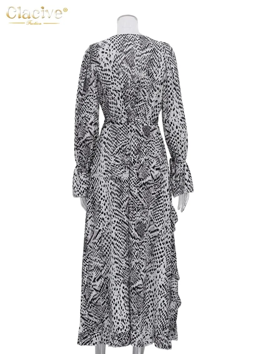 Clacive Fashion Loose Print Women's Dress 2025 Sexy V-Neck Long Sleeve Ankle Length Dresses Elegant Classic Ruffles Female Dress — image 6