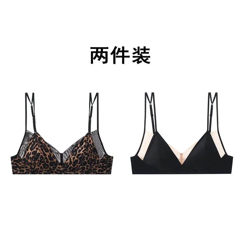 Modish Leopard Intimate Set Non-wire Thin Triangle Bra Breathable Summer Nude Fabric Small Chest Firm Gathering Womens Indoor — image 15