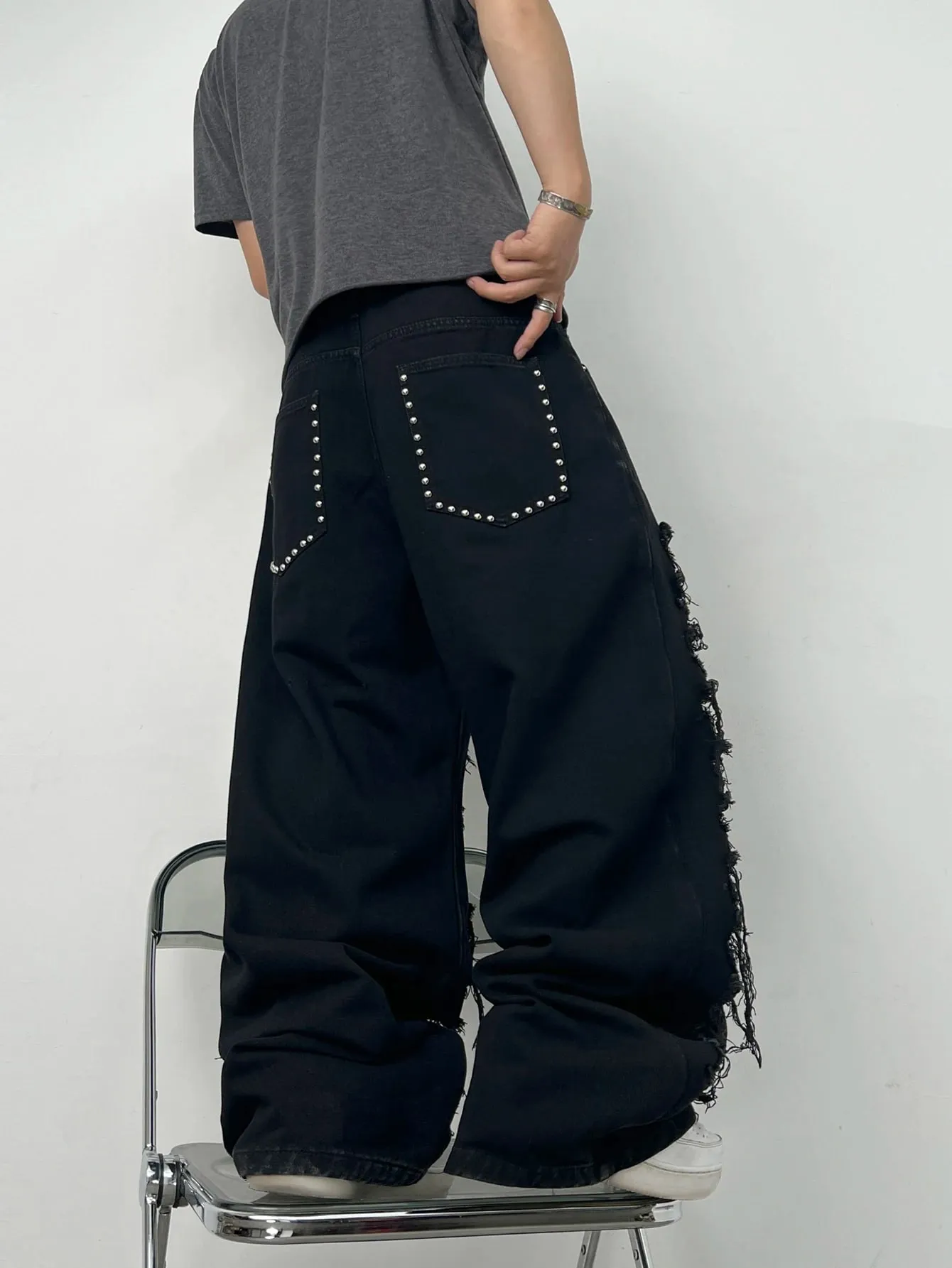 American High Street Double-Layer Patch Ripped Studded Design Black Men's Loose Jeans Y2K Street Hip-Hop Fashion Wide-Leg Pants