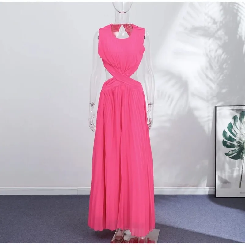 Hollow-out Pleated Maxi Dresses Women's Sleeveless Backless Waist-cinching O-neck Dress 2026 New Ladies Summer Vacation Outfit — image 7