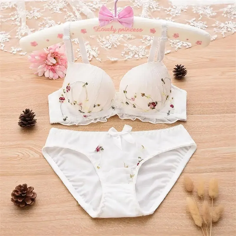 Women Floral Embroidery 2‑Pieces Lingerie Set Underwire Push‑Up Bra With Ruffle Trim Bow Decor Matching Panties Intimates — image 2