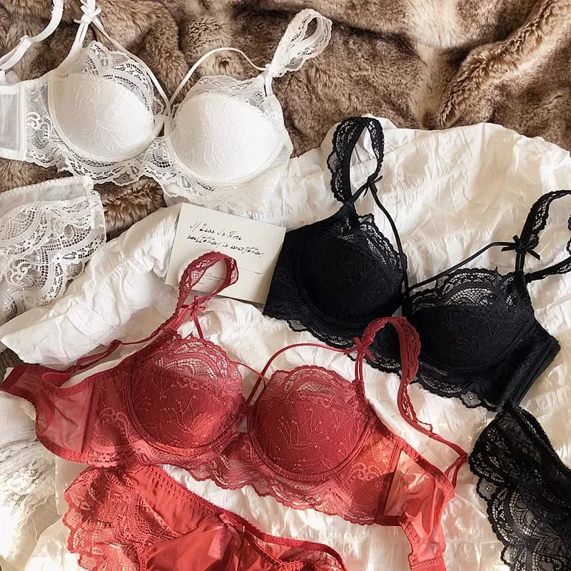 Lace ultra-thin big breasts bra with panties women sexy push up lingerie anti-sagging gathered laides underwear set — image 3