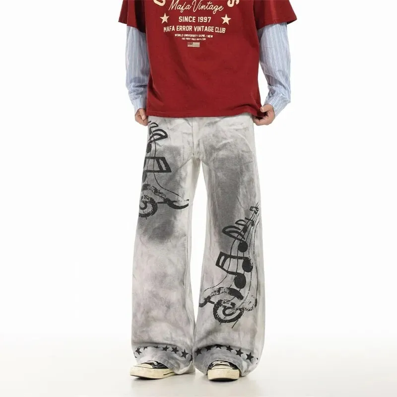 2026 New Retro Graffiti Printed White Baggy Jeans For Men High Street Straight Wide Leg Denim Pants Hip Hop Graphic Y2K Jean — image 7