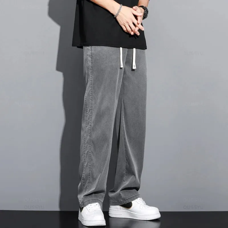 Sommer Blødt Lyocell stof Herre jeans Tynde Løse Lige Bukser Snøre Elastisk talje Korea Casual Bukser Plus Størrelse M-5XL