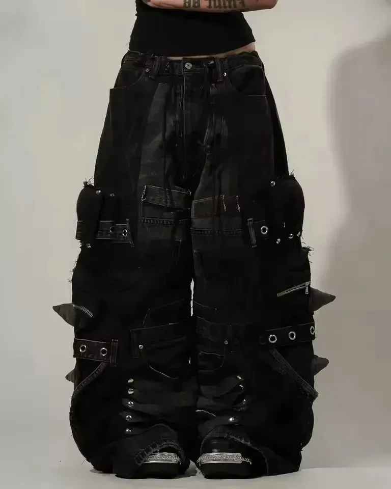 Streetwear Casual Black Cargo Jeans Men Heavy Buckle Strap Stud Zip Pocket Distressed Oversized Wide Leg Fashion Pants Y2K — image 8