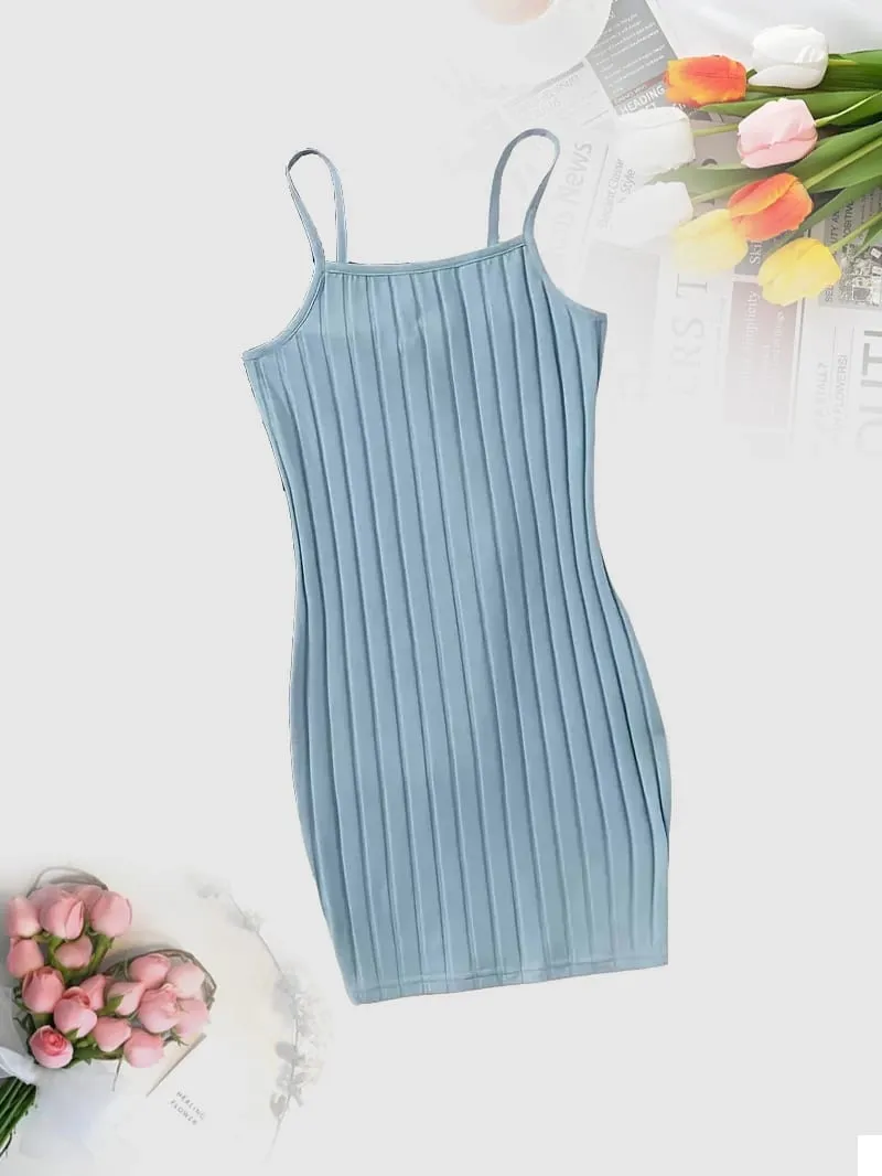 Women Ribbed Spaghetti Strap Mini Dress Sleeveless Square Neck Slim Bodycon Short Dress Summer Casual Basic Cami Dress