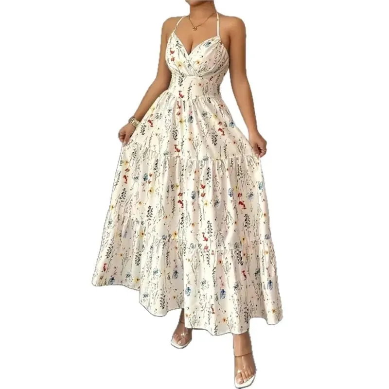 Summer Sexy Suspender Dress Women New Fashionable Elegant Casual Loose Resort Style Sleeveless Mid-Waist V-Neck Long Dresses