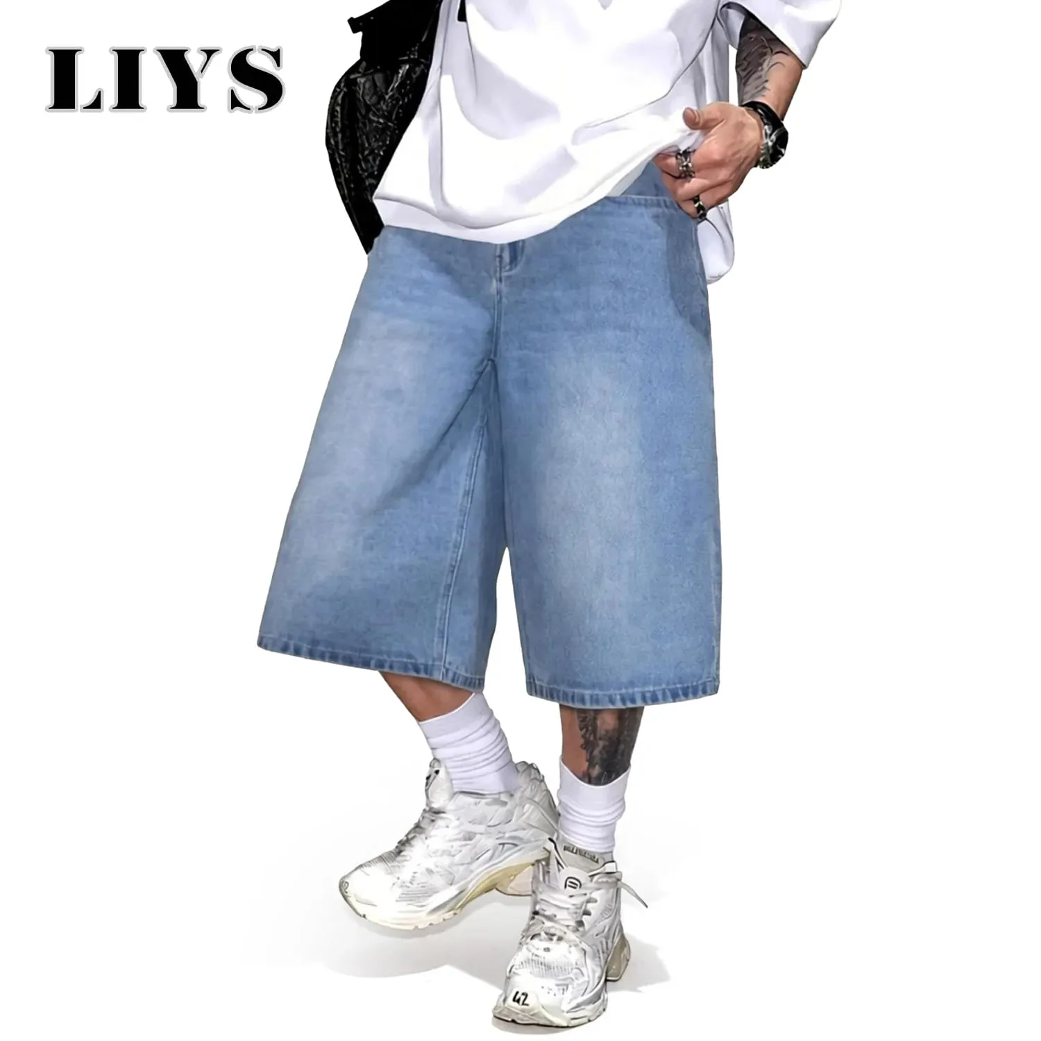 Men's Simple Light Blue Retro Ultra Baggy Wide-Leg Denim Shorts Student Youth Street Casual Oversized Baggy Jeans Unisex — image 3