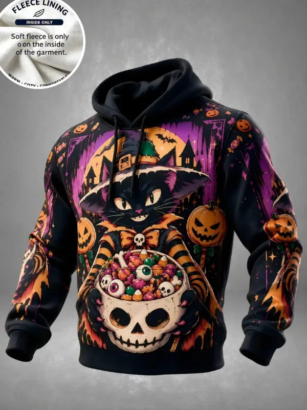3D Print Halloween Fleece Hoodie Witch Black Cat Pumpkin Candy Skull Bowl Pullover Long Sleeve Kangaroo Pocket Sweatshirt — image 4