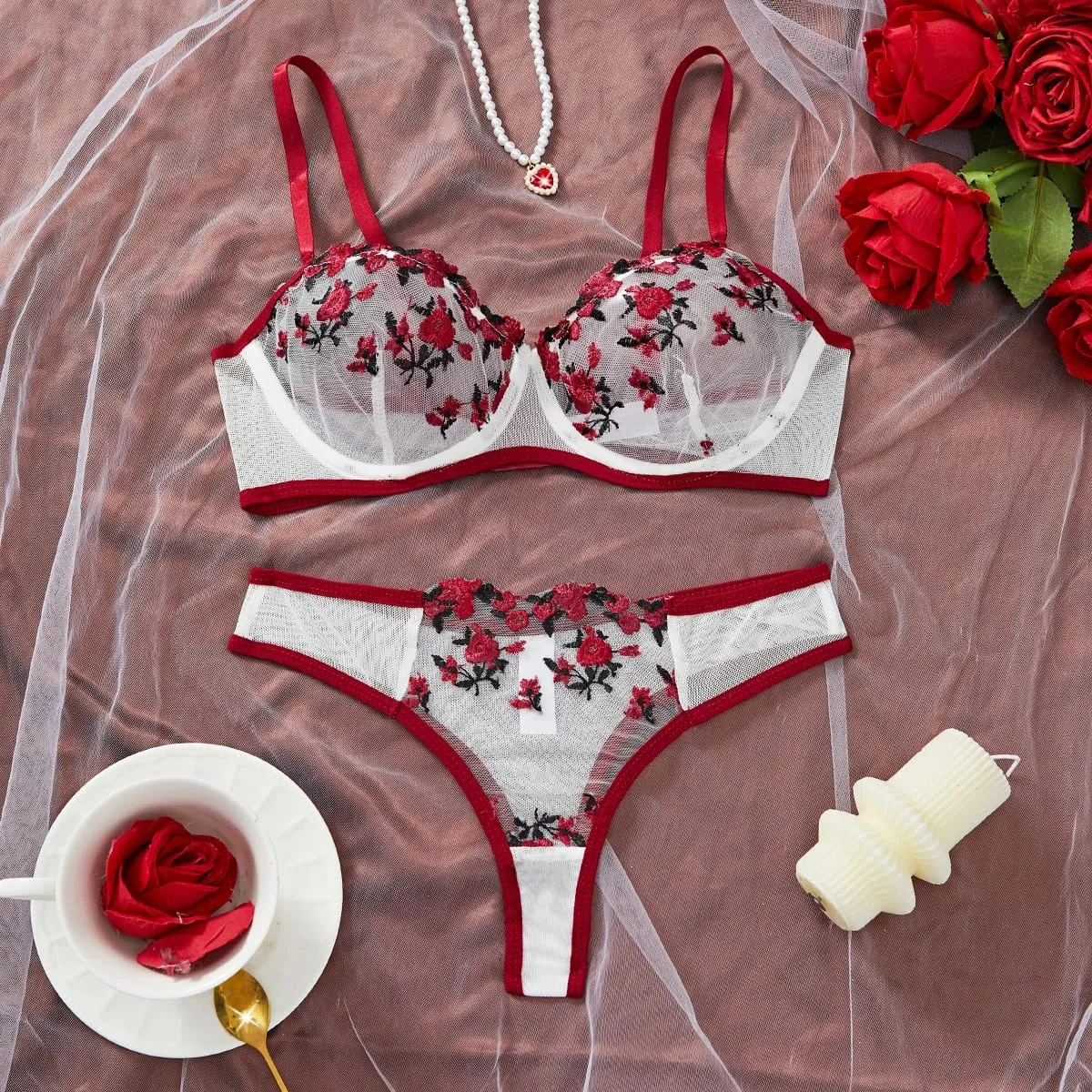 Contrast Lingerie Fancy Lace Set Woman 2 Pieces Women Underwear Embroidery Beautiful Bra And Panty Sets — image 3