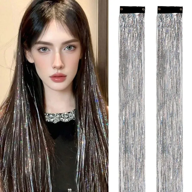 2PCS Synthetic Hair Tinsel Clip in Extensions Colored Sparkle Hair Tinsel Kit with BB Clip for Kids Girls Christmas Party Use — image 8
