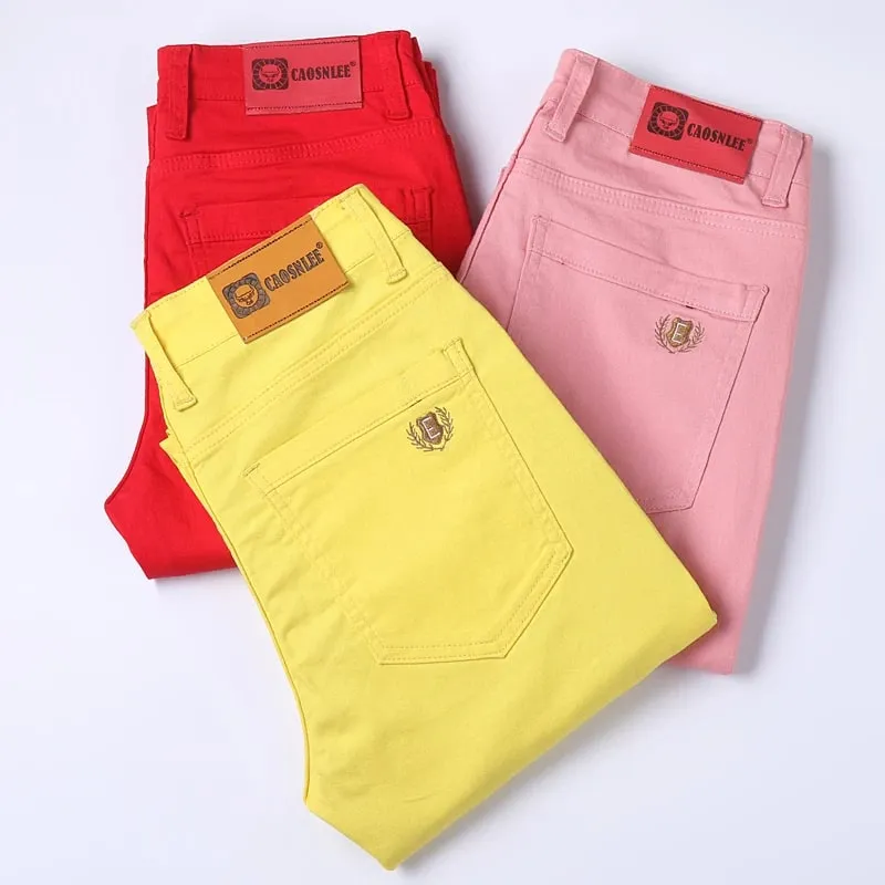 Elastic Cotton Slim Jeans Men Spring Korean Fashion Comfortable Casual Straight Leg Business Denim Trousers Yellow Pink Red