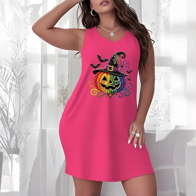 Halloween Theme Plus Size Women Sleeveless Tank Dress Spooky Cartoon Graphic Crew Neck Loose Dress Casual Holiday Party Dresses — image 4