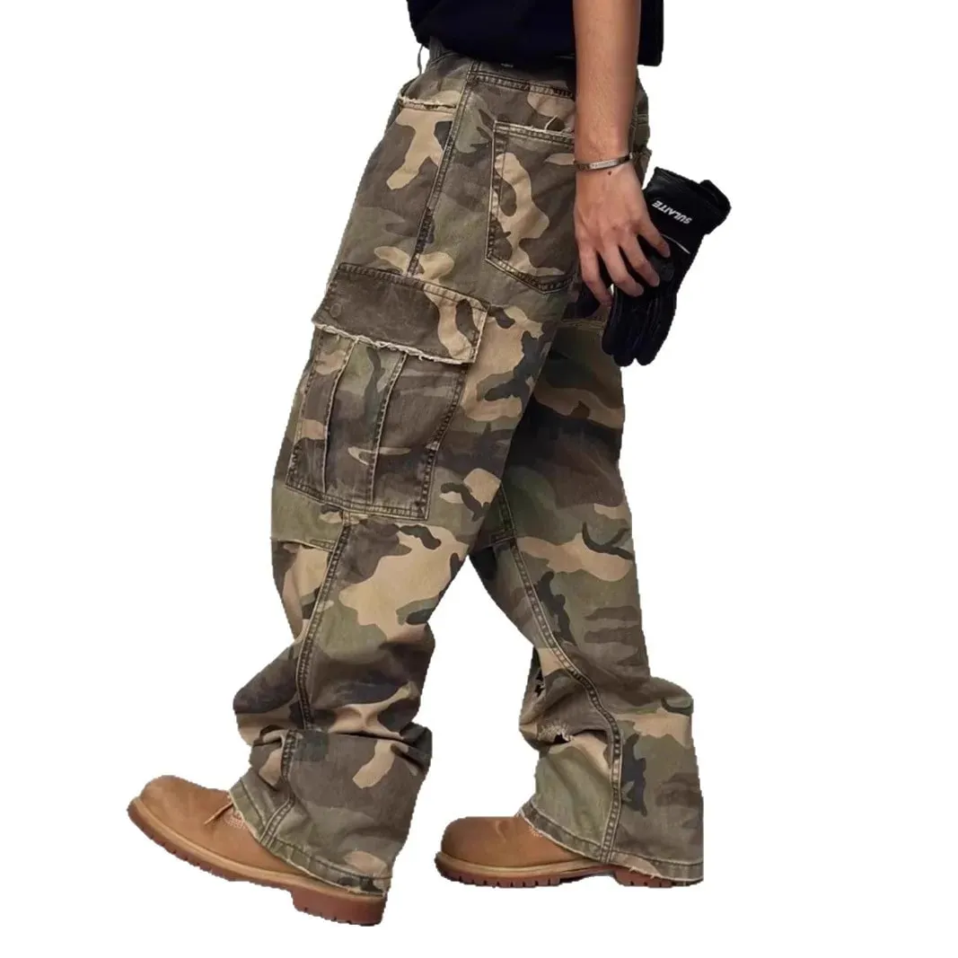 American Street Style Washed Camouflage Workwear Jeans Hole Straight Leg Spring Autumn Casual Cotton Trendy Long Pants — image 6