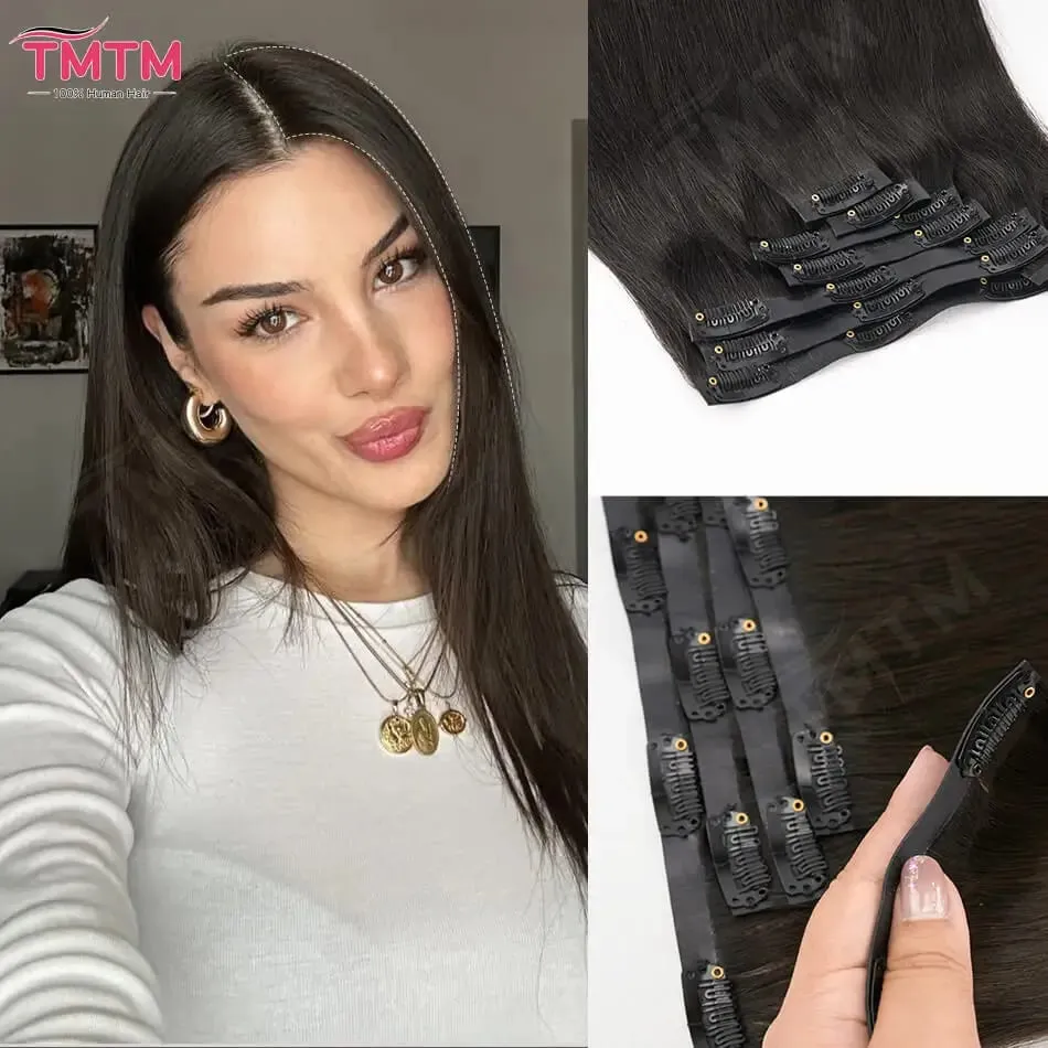 Straight PU Clip Ins Human Hair Extensions Black Brown Color 7 Pcs 110g/Set Seamless Invisible PU Weft For Women 100% Human Hair — image 1