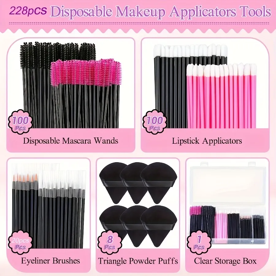 229 Buah Set Kuas Rias - 100 Bulu Mata & 100 Kuas Bibir dengan Kotak Penyimpanan Kit All-in-One untuk Pemula/Pro (Penggunaan Salon & Rumah)