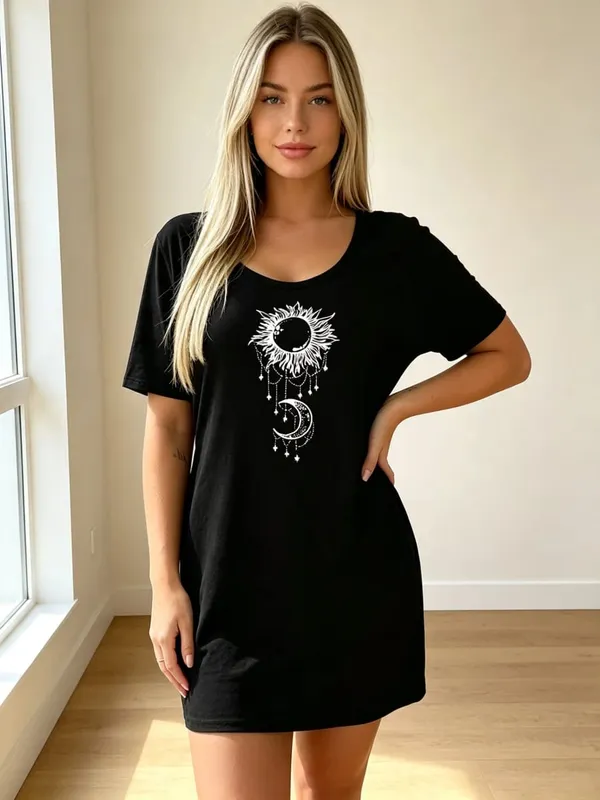 Women's Casual Short Dress Elegant Style Sun Moon Pattern round Neck Solid Color Sexy Skirt with Short Sleeves for 2026