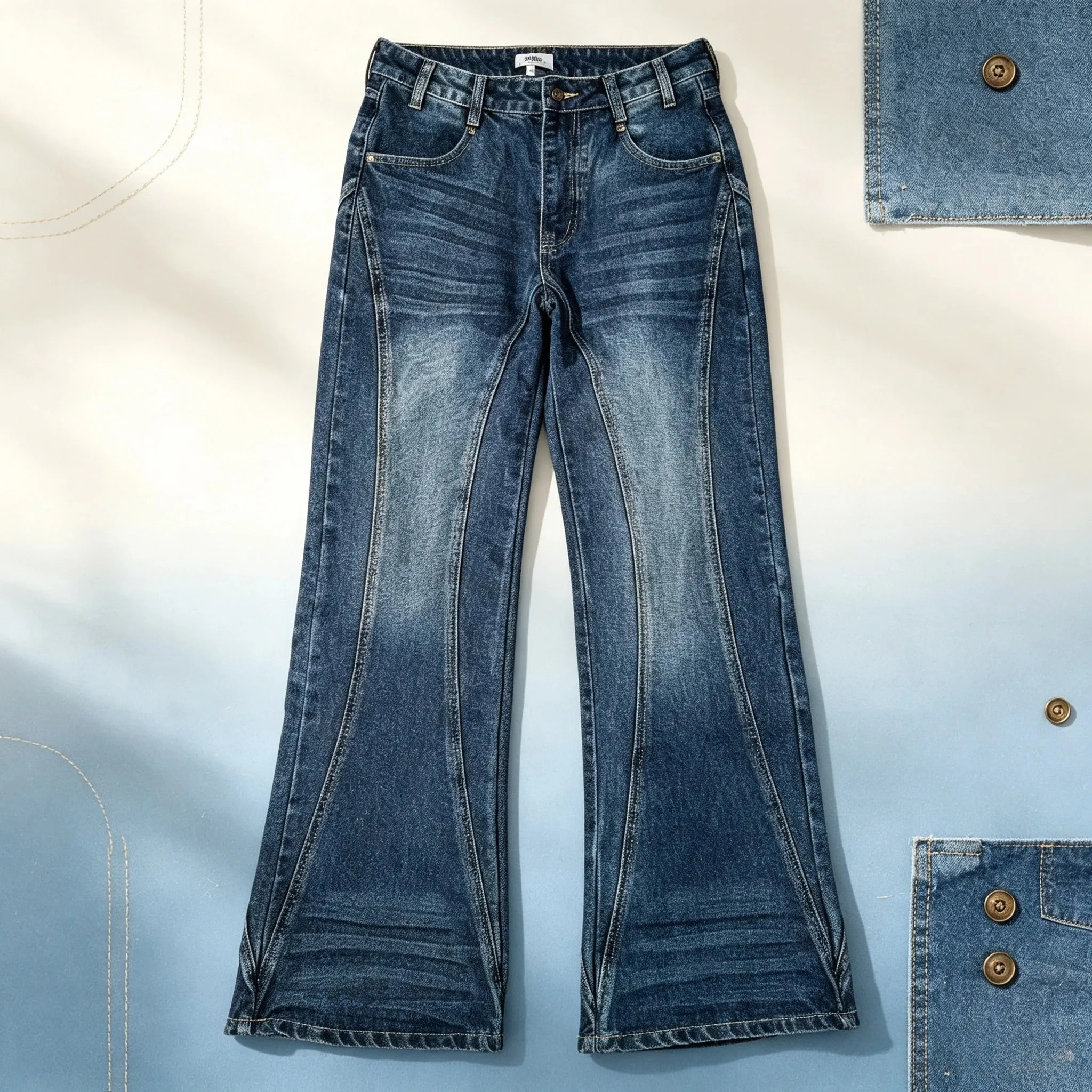 Y2K Vintage Flare Jeans Men Women Dark Wash Denim Pants Mid Waist Split Hem Embroidery Pocket Retro Streetwear Bootcut Trousers — image 2
