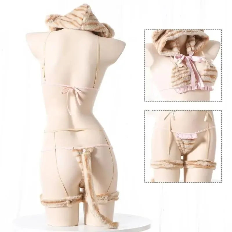 Anime Lingerie Set Tigers Cosplay Lingerie Costumes Fuzzy Bra and Panty Set with Cap Tigers Tail Sleepwears — image 4