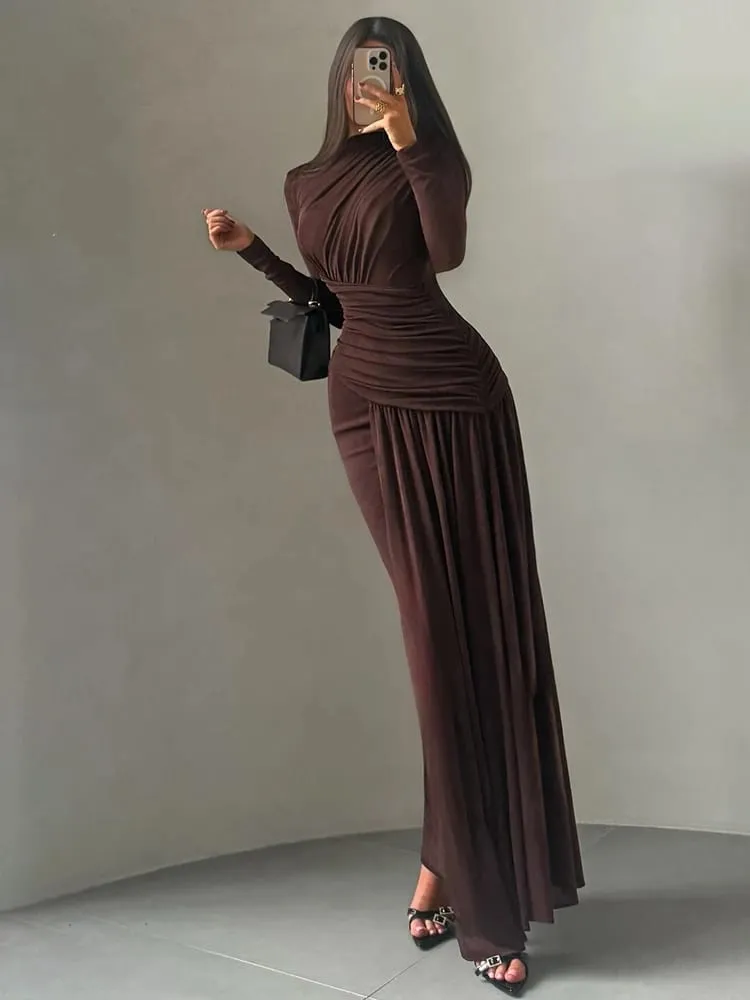 Nibber Folds Maxi Dress Women o-Neck Full Sleeve Solid Banquet Elegant Vacation Fashion Autumn Skinny Casual Simple Vestidos