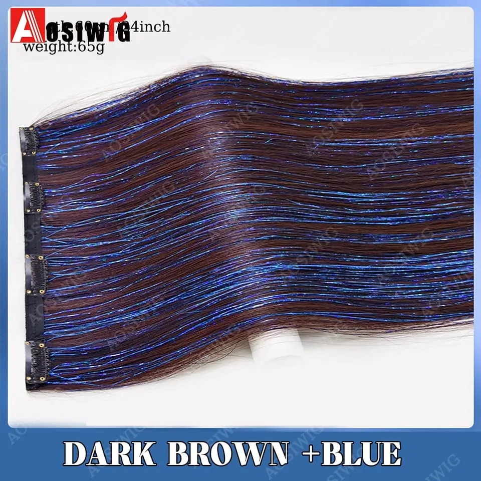 Blue Glitter Tinsel Clip in Hair Extensions One Piece Straight Synthetic Hairpiece with Sparkle Strands for Women Party Daily — image 9