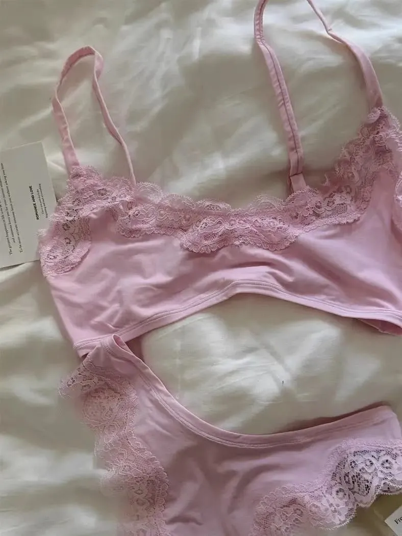 Pink Lace Bra Set Woman Adjusted-strap Seamless Bras+sexy Low Waist Panties Solid Simple Sweet High Elasticity Lingerie Sets New — image 4