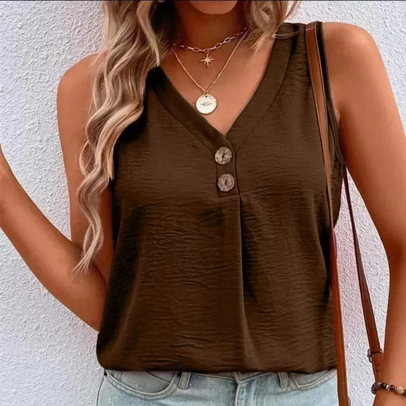 Women's V-Neck Button Tank Top Summer Lightweight Breathe Casual Loose Sleeveless T-Shirt Office Lady Basic Top — image 13