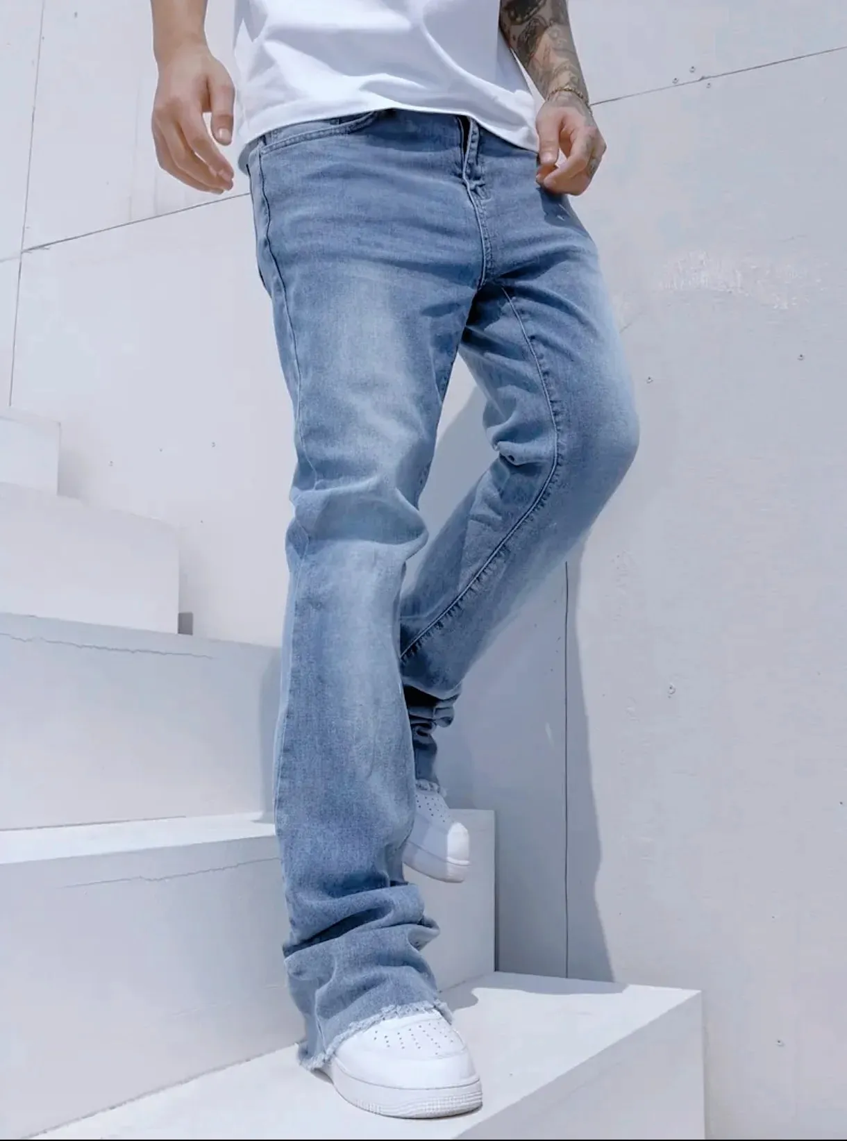 Slim Straight Jeans Men Sky Blue Fringe Cuff Detail Jeans Classic Mid Waist Solid Tone All Season Long Pants Urban Daily Stylish