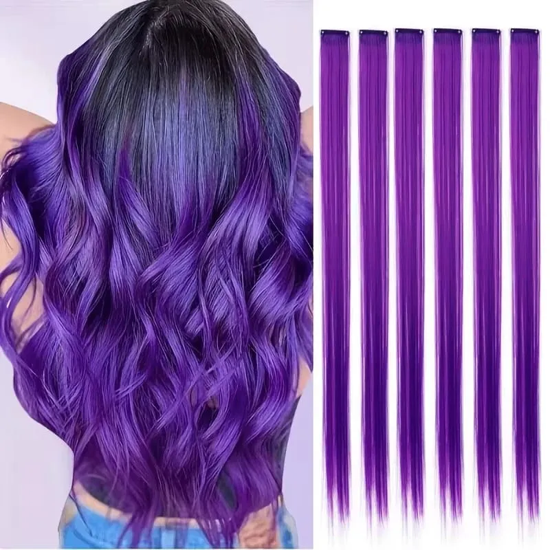 22Inch Synthetic 6pcs Long Straight Hair Extension Colored Rainbow High-Temperature Fiber Hairpiece for Women Daily Party Use — image 2