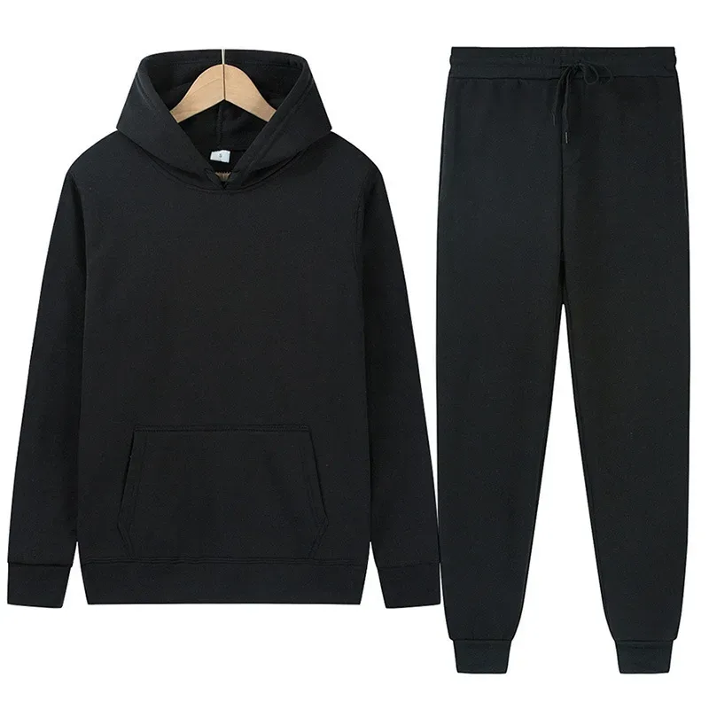 Men's Autumn/Winter New Solid Color Hoodie + Pants Two-Piece Set, Stylish Casual Sports Suit with Custom Printed Logo — image 1