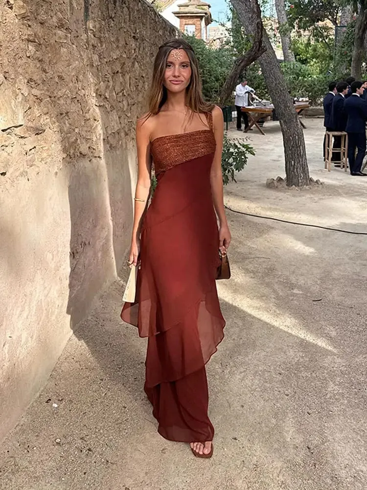 Elegant Patchwork Women's Dress Sleeveless Cascading Ruffle Skew-Collar Lady Long Dresses 2026 Summer Chic Female Vacation Robe — image 4