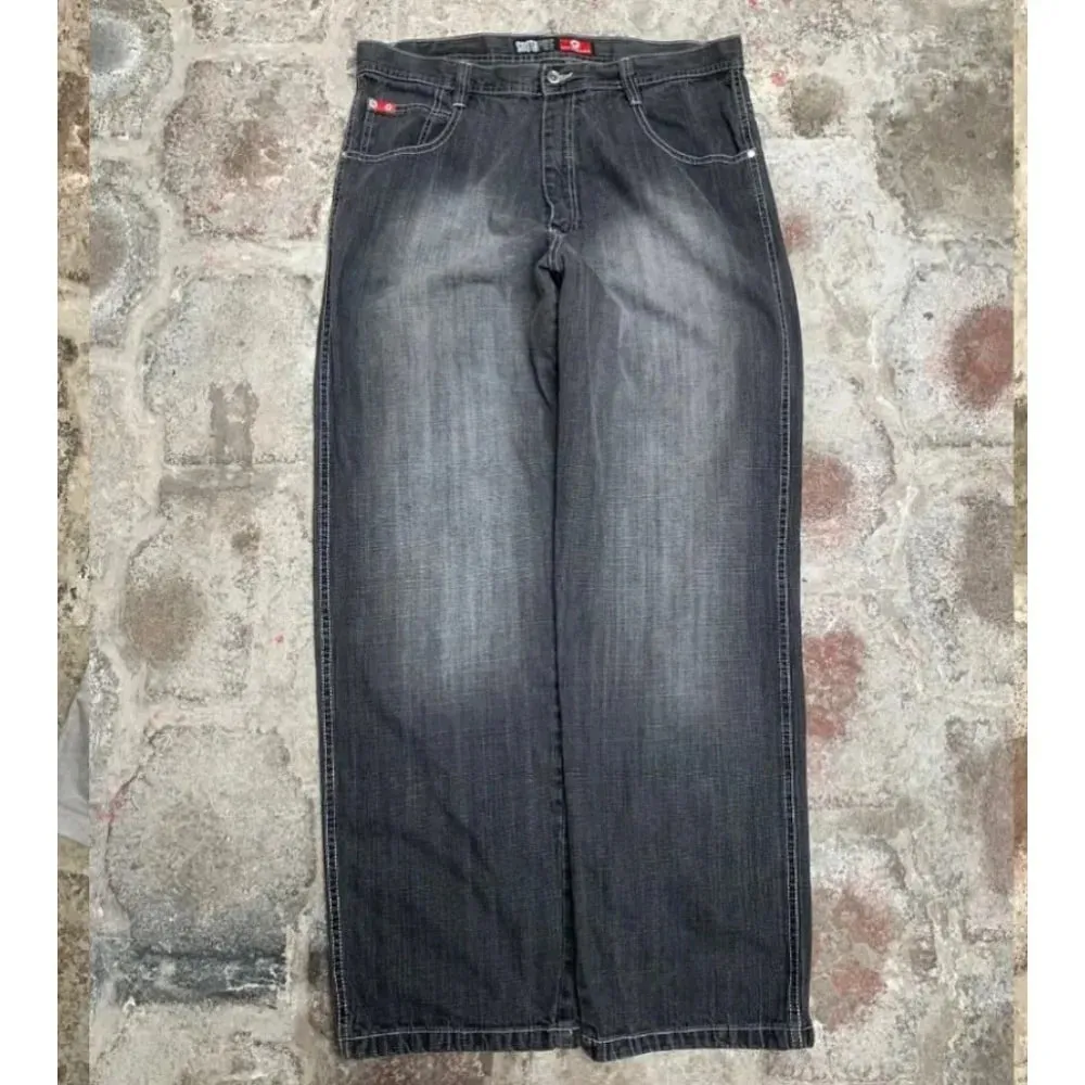Fashion Gothic New Black Solid Color Washed Old Casual Jeans Men Y2K Street Cloth Vintage Popular High Waist Loose Wide Leg Pant — image 5