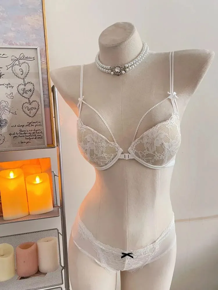 Minimal Coquette Lace Front Clasp Bra & Set Wirefree Thin Straps Beauty Back Side Wrap Support Small Bust Curvy Light Intimates — image 3